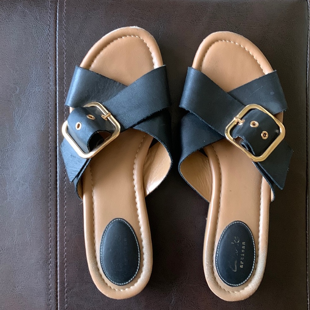 Clark’s artisan black leather sandals, size 9